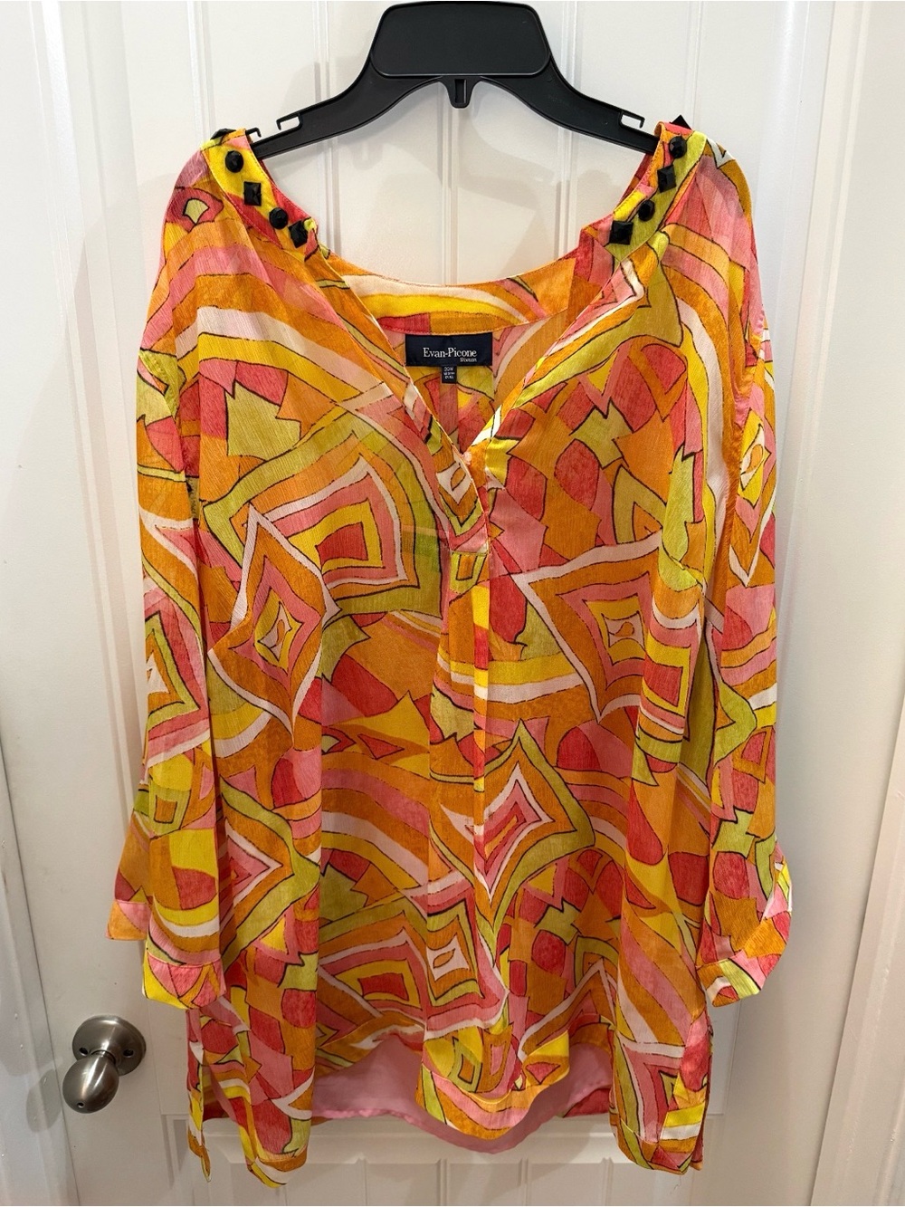 Evan Picone Yellow & Pink Geometric Sheer Tunic with pink shell 20w